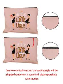 “迟到总比不到好”化妆品和洗漱用品收纳包 - 红色和金色复古少女设计，带有标语，轻便可折叠拉链包，化妆品和洗漱用品收纳包，拉链化妆包，轻便零钱包，洗漱包，储物袋，旅行配件，购物佳品，用途广泛，适合旅行，送给女友、妻子、闺蜜的可爱礼物，情人节和斋月礼物 - 彩色 - 查看 9