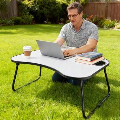 Portable Laptop Desk, Gray And White Matte Metal And Wood Construction, Foldable Design With Cup Holder, 26.5 X 18.5 Inches, For Bed, Car, Couch, Home & Outdoor Use (Grey+White Matte)