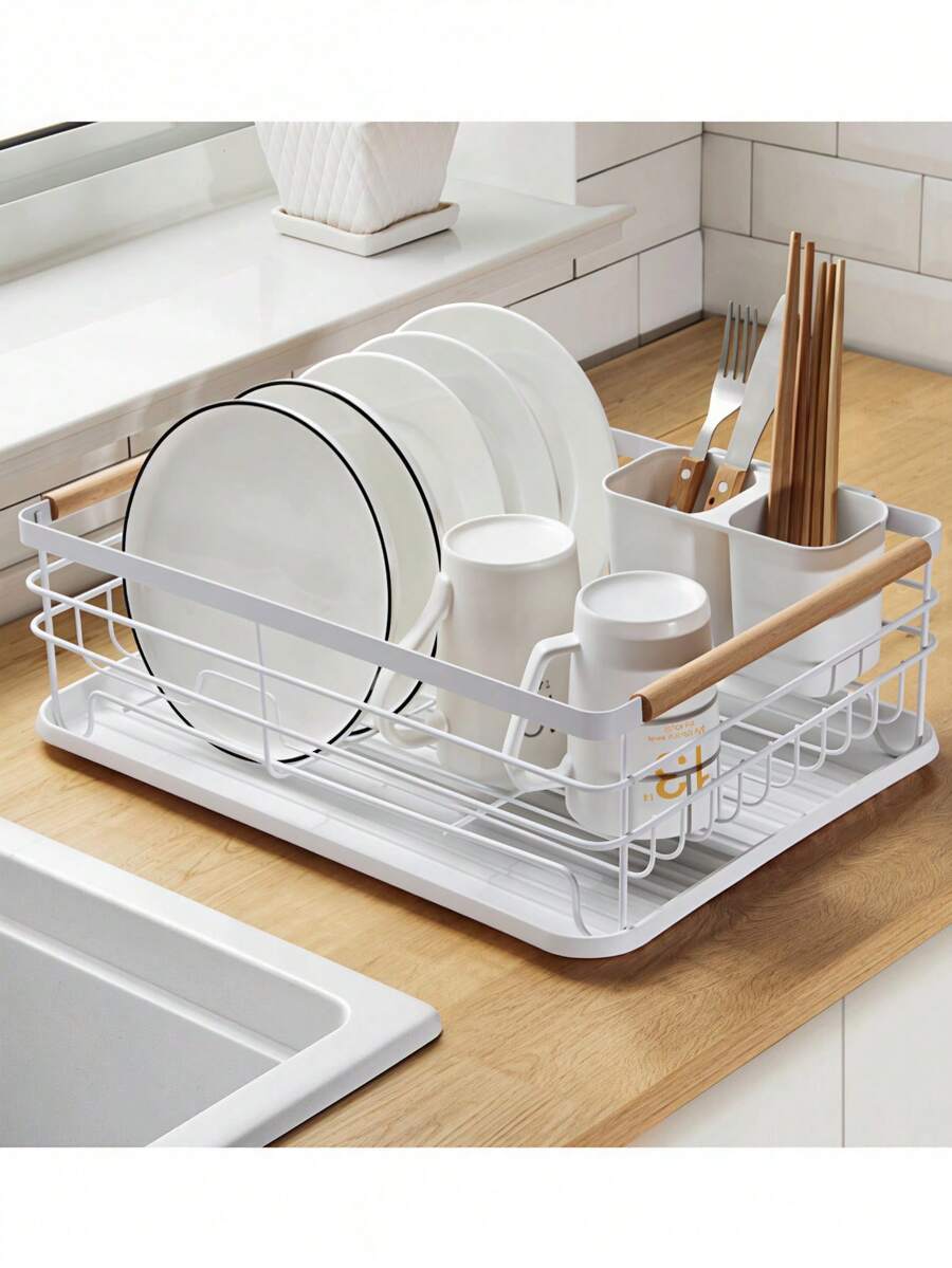 Giá phơi bát đĩa nhà bếp nhỏ gọn có khay hứng nước và giá đựng dụng cụ, dễ lắp ráp và vệ sinh, giá để bát đĩa trong bồn rửa, giá phơi bát đĩa, giá đựng đồ đa năng, đồ dùng gia đình, giá đựng bát đĩa, giá để bát đĩa trên mặt bàn. - trắng - Xem 1