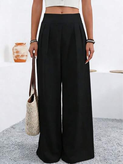 女士黑色中腰阔腿宽松飘逸休闲裤，显瘦增高，百搭长款，适合日常通勤和街头穿着