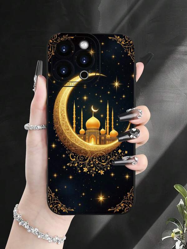 Fashionable, Popular, Personalized, Luxury Golden Crescent And Mosque Pattern Design Theme Luxury Shockproof Aesthetic Cute Phone Case, Lens Protrusion Protection, Compatible With IPhone 17/17Pro/17Pro Max, 16, 15, 14, 13, 12, 11 Plus/Pro Max And Series, And Compatible With For Galaxy S/A Series Gift For Easter Day, Christmas Halloween Decoration/Gift For Birthday, Girlfriend, Boyfriend, Friend Or Yourself.