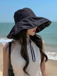 1顶新款韩版女士可折叠大檐遮阳帽，夏季款，黑色乙烯基材质，防紫外线，渔夫帽