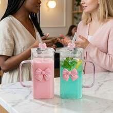 13.52oz Lightweight Luxury Transparent Square Glass Cup With Bowknot Handle And Straw, Heatproof, Suitable For Coffee, Milk, Juice, Breakfast, Home, Restaurant, Kitchen - Multicolor - View 4