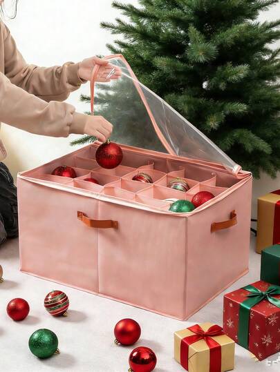 1pc Christmas Ornament Storage Box, 12/16/20 Compartment Layers, Zipper Closure Christmas Storage Box, Christmas Ornament Storage Box With Handle, Red Transparent Christmas Storage Box, Christmas Organizing Supplies