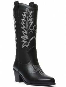 Women's Black Summer Boots Cowboy Boots Mid Wide Calf Cowgirl Boots Chunky Heel Festival Shoes Combat Boots For Women Country Concert - 黑色 - 查看 10