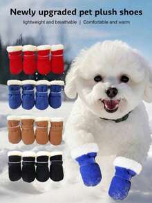 4pcs Winter Warm Dog Boots - Anti-Slip Polyester Pet Shoes, Wool Lining, Hook And Loop Strap, Suitable For Small Dogs - All Season, 4-Piece Set, Protect Paws