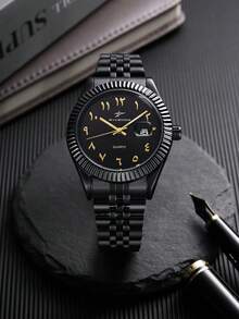 RICECGO 男士经典石英钢表带腕表，带日历显示，适合日常佩戴、商务场合，高端精致礼品。