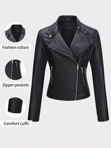 Giolshon 女士时尚 PU 皮革摩托车夹克 - 休闲街头风夹克，适合春秋季穿着 - 黑色 - 查看 4
