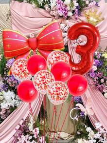 11pcs 32-Inch Red 0-9 Number Balloon Set, Large Bow Foil Balloon, Gold Crown Balloon, Red Latex Balloon For Birthday Party, Anniversary, Family Gathering Decoration - Multicolor - View 4