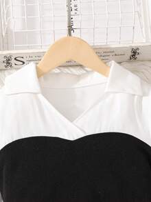 Girls Elegant Color Block Shirt Collar Top And Fashionable Retro Sequin Flare Pants Set, Suitable For Spring And Autumn - Black - View 3