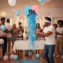 Bộ 5 chiếc Piñata hình trái tim, Piñata chủ đề tiết lộ giới tính, thích hợp cho tiệc tiết lộ giới tính, trang trí tiệc, trang trí piñata vui nhộn, đạo cụ chụp ảnh, phù hợp cho nhiều bữa tiệc khác nhau, bao gồm gậy, bịt mắt, giấy kim tuyến màu xanh và hồng. - Hồng - Xem 5