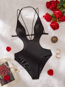 女士成熟性感黑色交叉绑带文胸套装，黑色优雅性感露背连体裤，适合女性外出穿着 - 黑色 - 查看 5