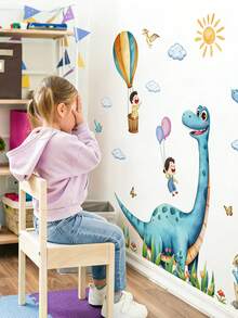 2pcs Cartoon Cute Dinosaur Decorative Wall Stickers, Children's Room Wall Creative Decor Stickers, Sun Hot Air Balloon Children's Room Decor Wall Stickers, Removable Wall Decals For Background - Multicolor - View 2