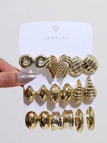 1 Pair - 9 Pairs Of New-Style Retro Cone-Shaped, Spiral, And Irregular Texture Earrings, Made Of Lightweight Resin, Women's Fashion Party And Daily Wear Earrings. - Gold - View 9