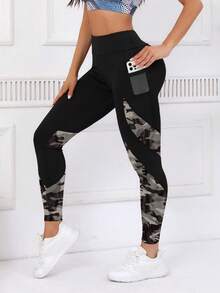 女士撞色印花口袋设计休闲健身紧身裤 - 彩色 - 查看 1