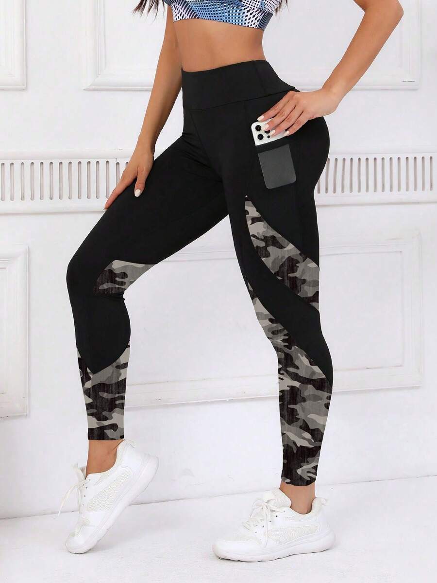 女士撞色印花口袋设计休闲健身紧身裤 - 彩色 - 查看 1