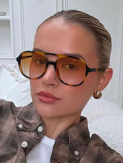 1 PC Women's Vintage Fashion Glasses Classic Double Beam Aviator Frame Lightweight Suitable Outdoor Music Festival With Glasses Box