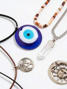 6件套波西米亚风生命树吊坠串珠项链套装 - 邪眼日月设计，男女皆宜，适合休闲佩戴，四季皆宜 - 銀色 - 查看 3
