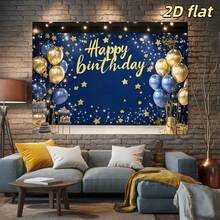 1 peça, banner plano 2D azul marinho com a frase "Feliz Aniversário", feito de tecido de poliéster, com estrelas e decorações de presentes. Ideal para decoração de festas de aniversário, comemorações de aniversário, festas de fim de ano, fundos de festa, presentes de maioridade, despedidas de solteiro(a), decoração de mesa de bolo, decoração de parede, decoração de casa/quarto/ambientes internos/externos, adereços para fundo fotográfico, tecido para fundo de aniversário, artigos/presentes para decoração de festas. - Multicolorido - Ver 7