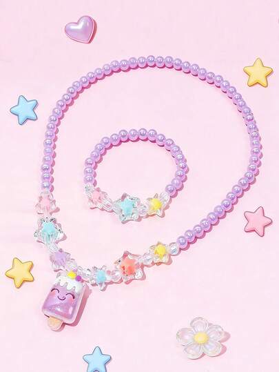 2pcs/Set Girls Cute Unicorn Pendant Necklace & Bracelet Beaded Jewelry Set, Suitable For Holiday Party, Birthday Gift, Daily Wear