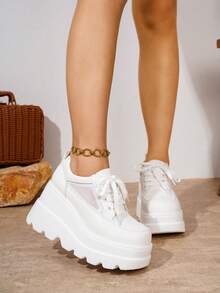 女士系带厚底方头坡跟休闲网面运动鞋 - 白色 - 查看 5