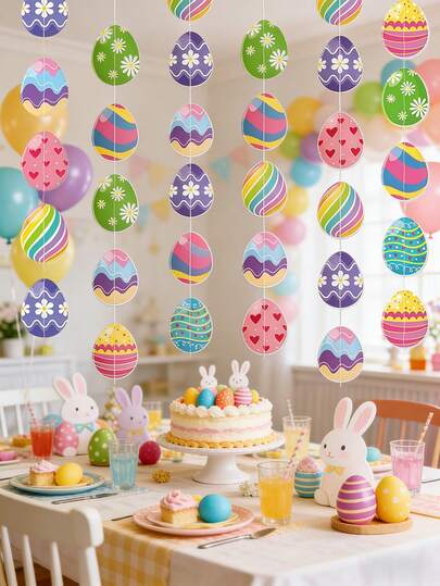 4件套复活节彩蛋派对装饰品，柔软彩虹春季悬挂纸质花环，复活节横幅旗帜悬挂装饰，适用于复活节派对装饰、婴儿派对、生日派对用品、室内外装饰