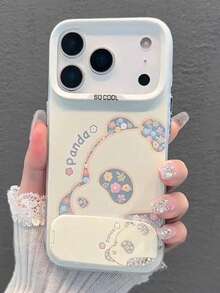 1pc Cartoon Panda Bracket Phone Case, Shockproof Full Coverage Phone Protective Case Suitable For IPhone 11/12/13/14/15/16/17/Pro Max - White - View 3