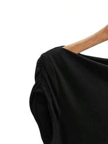 Women's Elegant Fashion Pleated Shoulder Patchwork Fabric Tie-Waist A-Line Midi Dress With Hooded Sleeves, Spring/Summer Black - Black - View 4