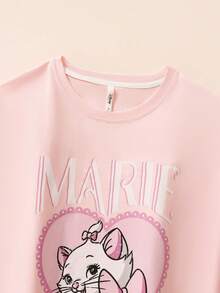 2pcs Disney Marie Cat Pink Long Sleeve Sleepwear Set, Cotton Cartoon Pajamas For Women, Spring/Autumn - Pink - View 2