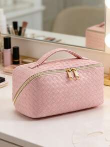 1个女士奢华高端化妆包，编织纹理PU皮革防水洗漱包，便携式化妆品收纳包，大容量旅行配件包，化妆包，化妆袋，旅行化妆包，家用化妆包，学生化妆包，宿舍化妆包，旅行必备，过夜包，多功能包，伴侣包，情人节礼物，送给她的最佳礼物，化妆间装饰 - 彩色 - 查看 8