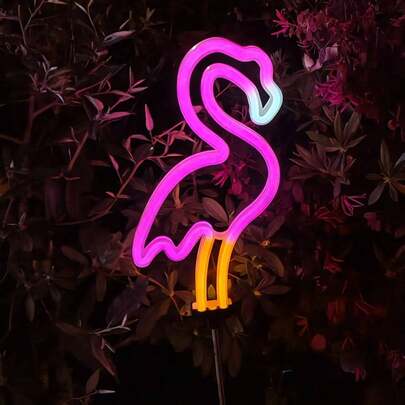 Outdoor Solar Powered Flamingo Neon Light, Pink Bird Decor Lamp, Made Of Plastic Material, Constant Lighting, Suitable For Spring Yard, Garden, Corridor, Valentine's Day And Christmas Decoration