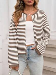 Womens Striped Cardigan Casual Long Sleeve Open Front Button Down Loose Knit Lightweight Fall Sweaters - 棕色 - 查看 2