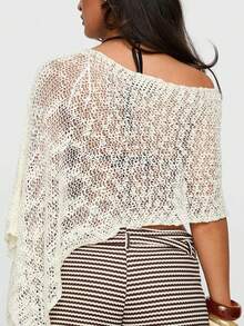 Women Knitted Poncho Loose See Through Boat Neck Off Shoulder Asymmetrical Crop Coverup Tops - trắng - Xem 2
