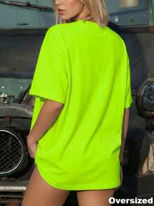 Camiseta de mujer minimalista y fresca, de manga corta, cuello redondo, unicolor y holgada, adecuada para primavera y verano casual - Verde - Ver 3