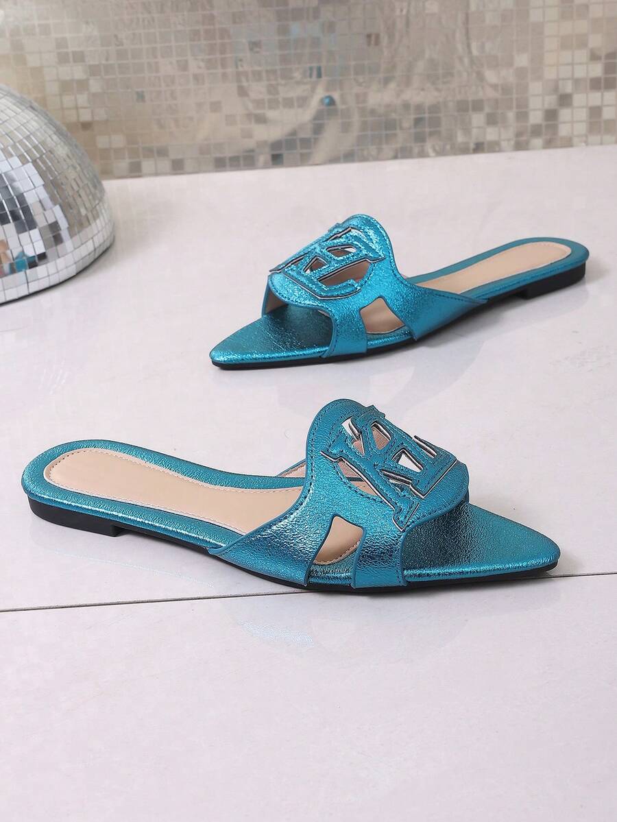 新款春夏时尚品牌 H Style 女士拖鞋，休闲系带罗马凉鞋，舒适穆勒凉鞋，黑色、米色、棕色可选，平底，压纹，沙漠钥匙图案，法式优雅水钻厚底坡跟凉鞋，沙滩鞋，简约室内/室外拖鞋，鳄鱼纹金属装饰平底凉鞋 - 藏蓝色 - 查看 1