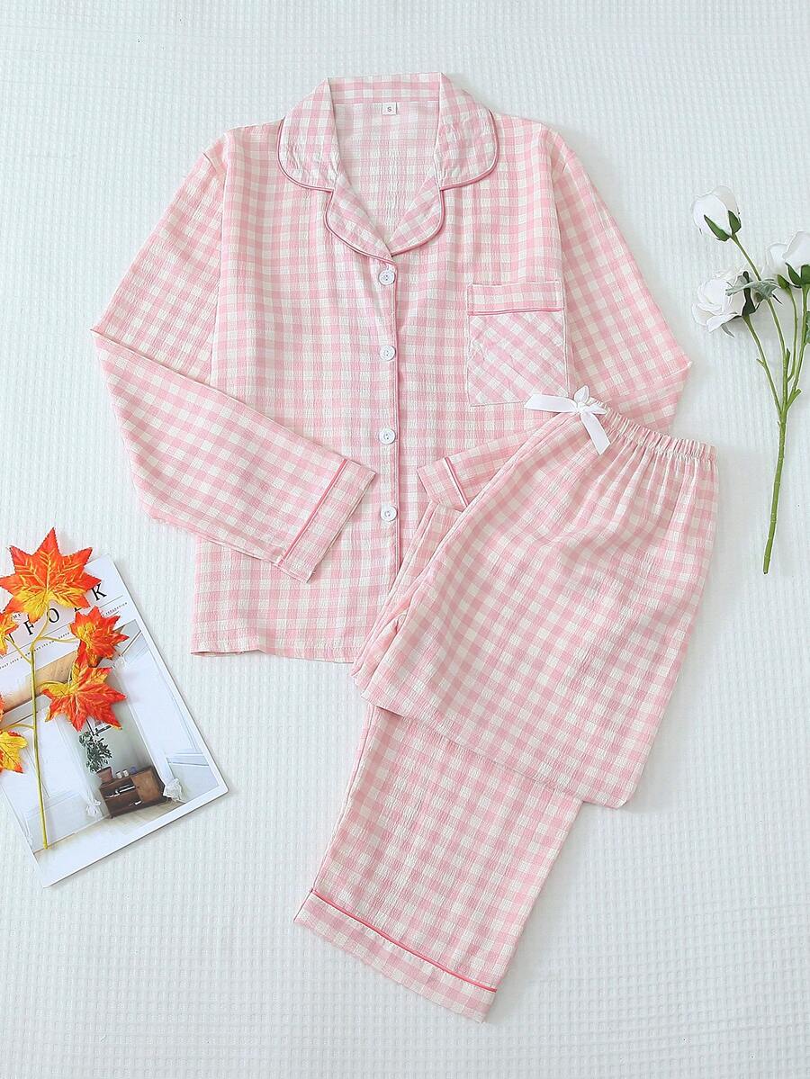2pcs Plaid Print Pajama Set, Sweet & Cute Lapel Button Long Sleeve Top And Pants, Women Sleepwear & Loungewear For Home Use - Pink - View 1