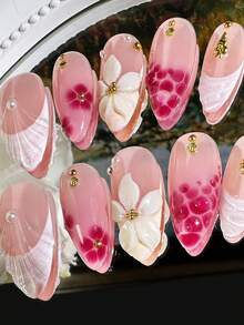 10pcs/Set Handmade Delicate French Floral Nail Art Stickers, 3D Floral Nail Decals Set, Shell & Seashell Nail Art Stickers, Artificial Nails For Women & Girls Daily Wear - 玫紅色 - 查看 3