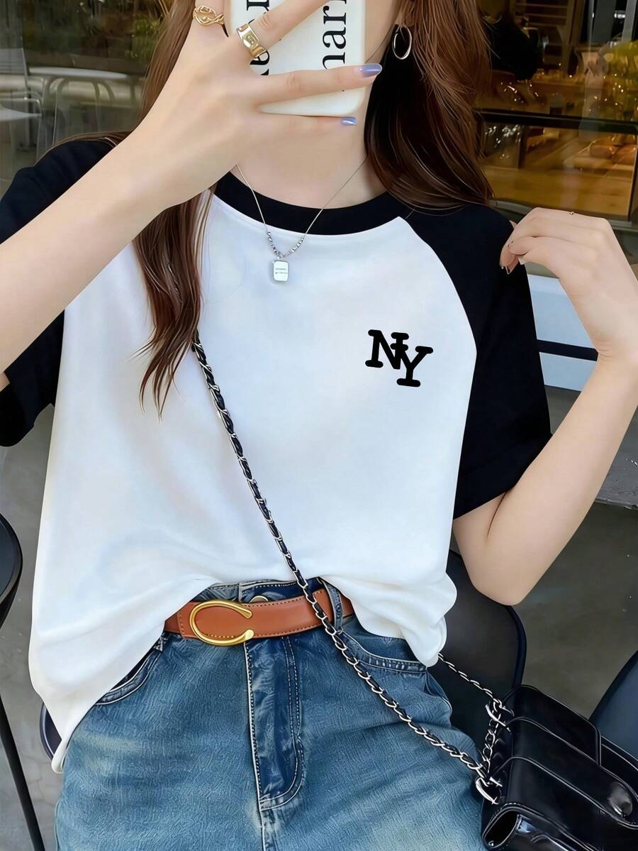 夏季新款 Z-Gen Y2K 女式印花圆领撞色插肩短袖 T 恤 - 黑與白 - 查看 1