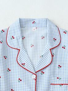 2pcs Plaid Cherry Print Pajama Set, Sweet & Cute Lapel Button Long Sleeve Top And Pants, Suitable For Women Home Wear, Autumn/Winter - Blue - View 3