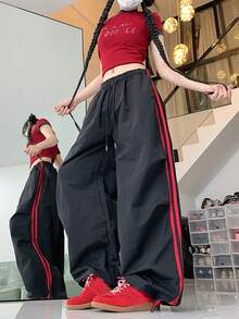 Women's Black Polyester Parachute Pants With Drawstring, Decorated With Red Stripes, Non-Stretch Fabric Spring - Black - View 8