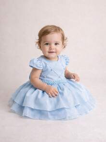 Vestido Bebezinha Festa Infantil Menina Criança Com Pérolas Lindo Bebê Luxo Criança Aniversário Casamento Moderno Rodado - Azul bebê - Visão 3