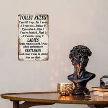 2D Flat, Funny Bathroom Decor Poster - Toilet Rules Sign With Classic Statue Design - Heavy-Duty Tinplate Metal Poster - Easy Hang No Tools Needed - Bathroom, Office, For Man Cave Decoration - Easter, Housewarming Gift - 8x12 Inches, Humorous Signage, Vintage Tinplate, Durable Wall Art, 2D Flat - Metal Spray Paint - View 1