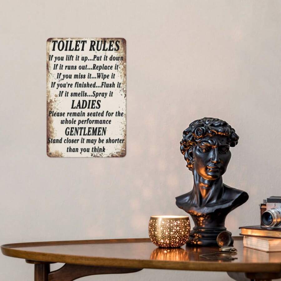 2D Flat, Funny Bathroom Decor Poster - Toilet Rules Sign With Classic Statue Design - Heavy-Duty Tinplate Metal Poster - Easy Hang No Tools Needed - Bathroom, Office, For Man Cave Decoration - Easter, Housewarming Gift - 8x12 Inches, Humorous Signage, Vintage Tinplate, Durable Wall Art, 2D Flat - Metal Spray Paint - View 1