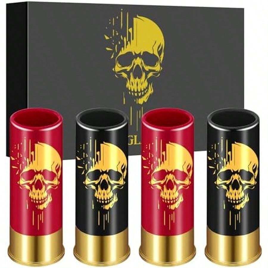 Skull Plastic Shot Glasses Bulk Set Of 4 With Gift Box, 12GA Small Bullet Shot Cups, Christmas Shot Glasses For Whiskey Vodka Liquor, Christmas Gifts Gothic Gifts For Men Women, Black+Red - 黑色+紅色 - 查看 1