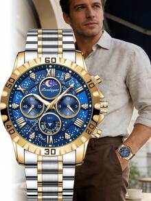 POEDAGAR 男士防水夜光不锈钢石英表，带礼盒，1 件装 - 藍色 - 查看 2