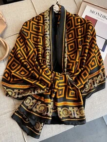 1条几何图案印花仿丝围巾，女士时尚披肩，适合海滩、防晒、空调等场合，多功能围巾 - 彩色 - 查看 2