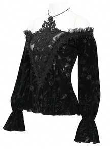Gothic Dark Velvet Cold Shoulder Top, Lace Hollow-Out Embroidered Halter Tight Fitting Romantic Dark Shirt - Black - View 6