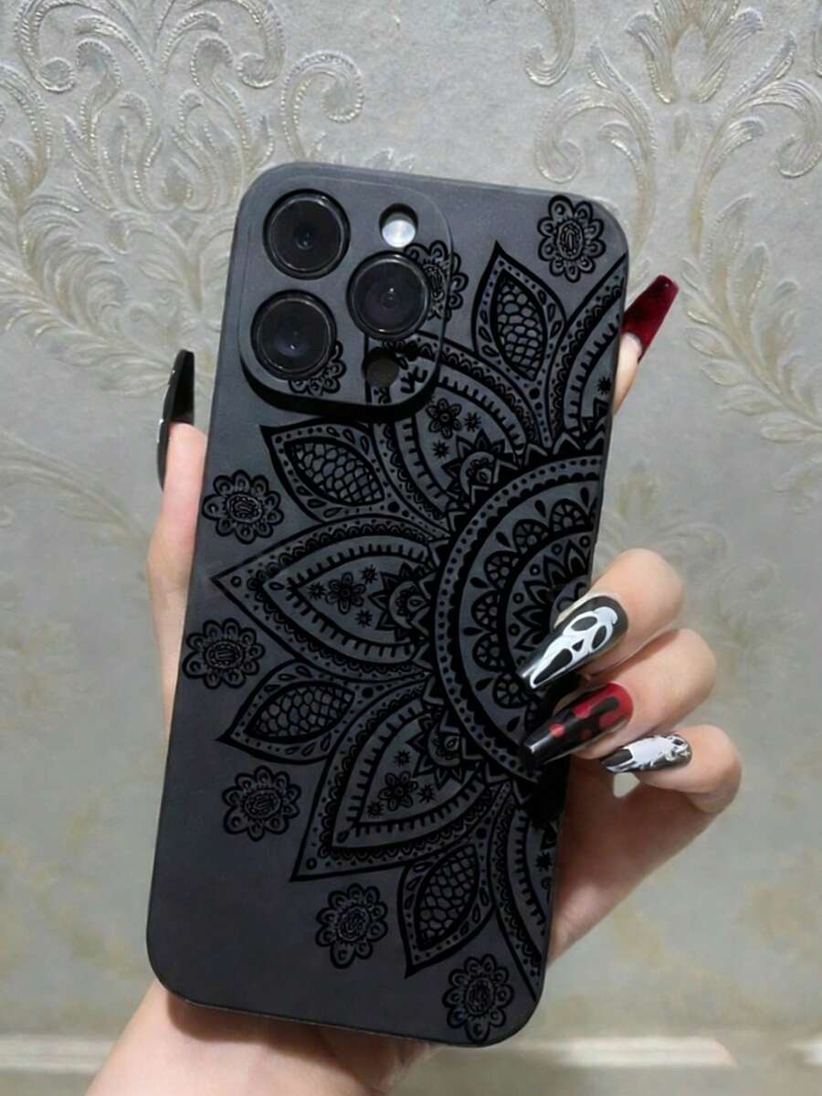 哥特风时尚印花图案TPU材质防摔手机壳，适合作为送给男友/女友的礼物，兼容苹果XS/XS Max/XR/11/12/13/14/14 Plus/15/15 Plus/16/16 Plus/17/7/8 Plus等型号 - 黑色 - 查看 1