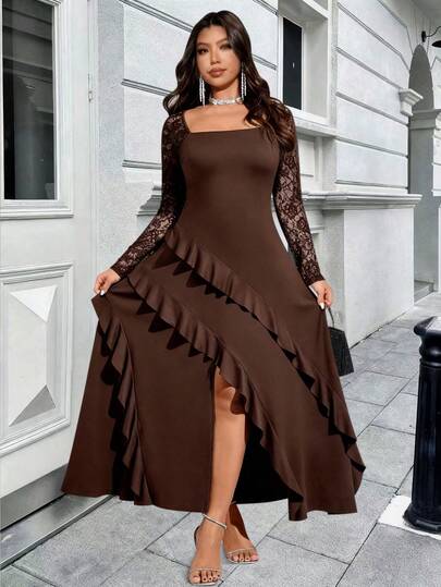 大码女士优雅性感方领撞色蕾丝荷叶边下摆纯色开衩连衣裙