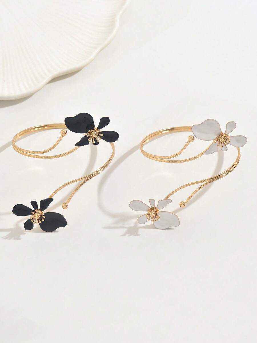 1pc Women's Fashion Floral Drip Oil Open Cuff Bracelet, Suitable For Vacation Wear - Multicolor - View 1